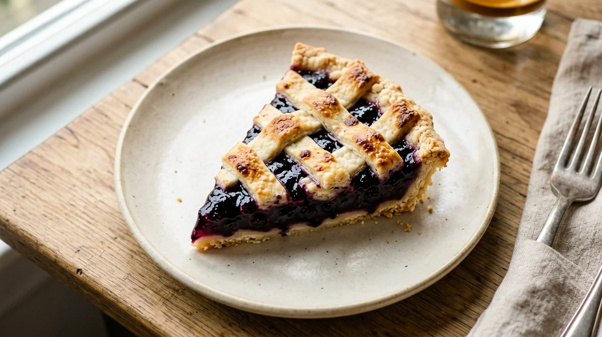 Fetta di crostata all'olio con confettura di frutti di bosco