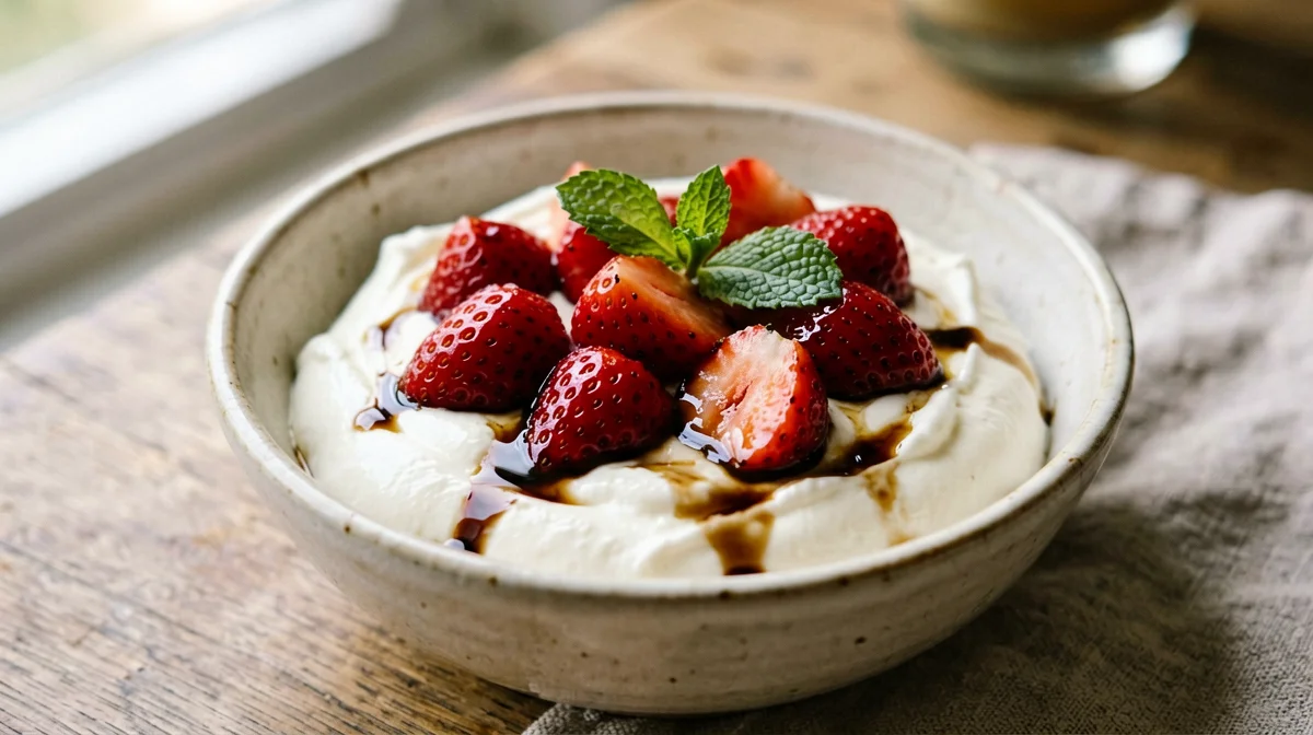 Fragole al balsamico con crema di ricotta e menta