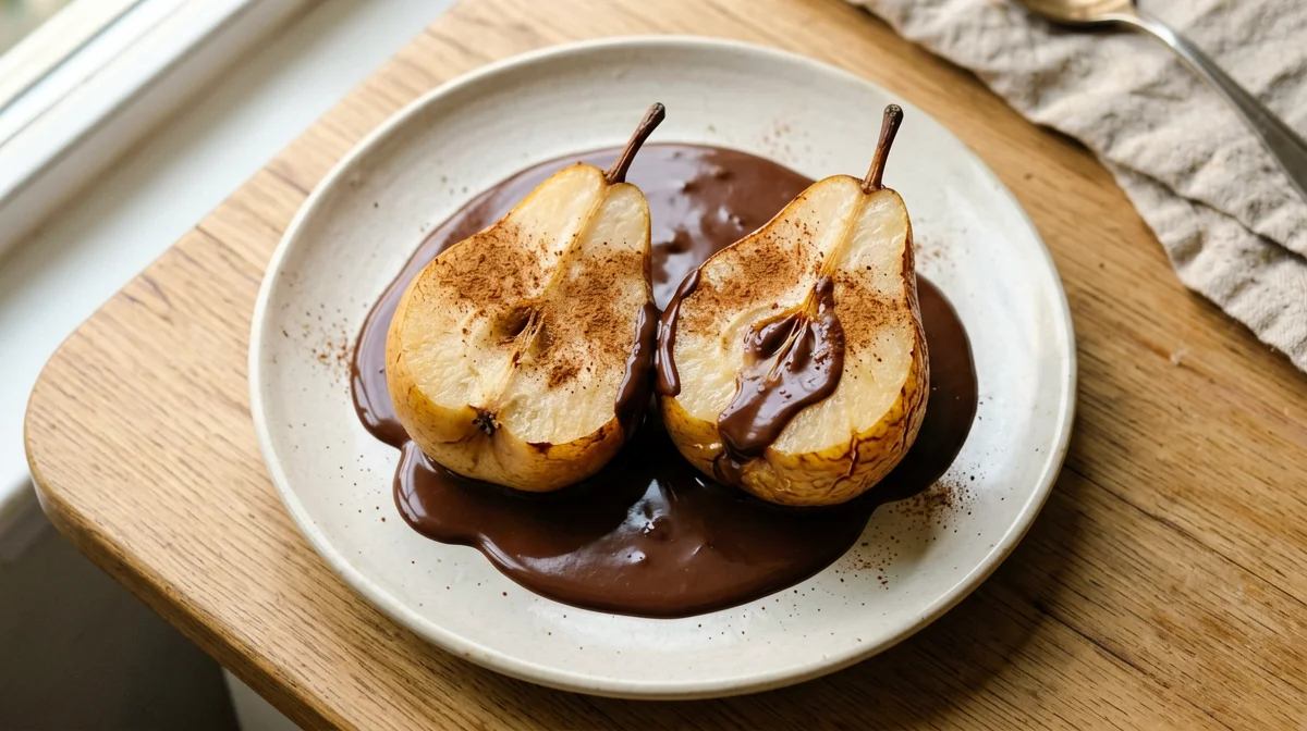 Baked pear with dark chocolate sauce