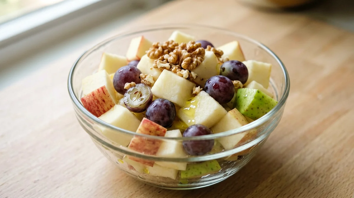 Autumn fruit salad of pear, apple and grapes with walnuts