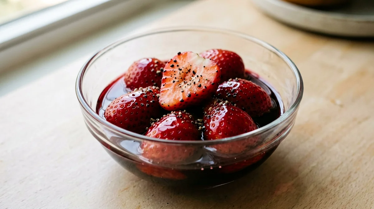 Strawberries in red wine with black pepper