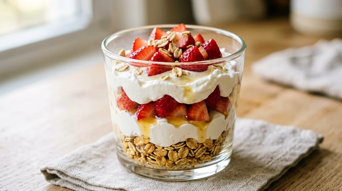 Oat crumble cup with ricotta and strawberries