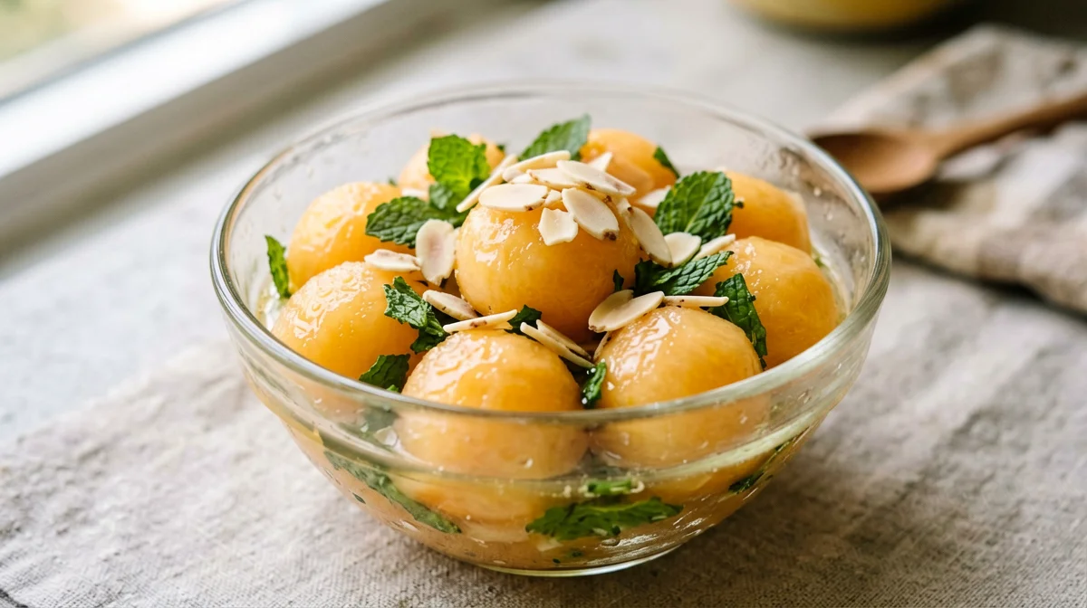 Palline di melone al limone e menta con mandorle