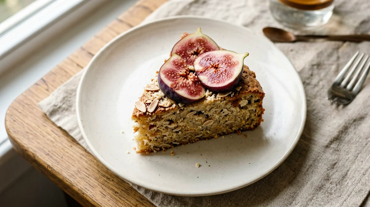 Fresh fig and almond olive oil cake slice