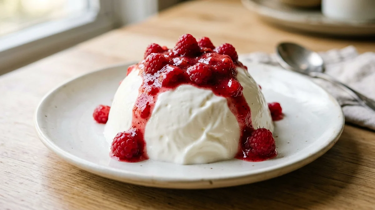 Yogurt and milk panna cotta with raspberry sauce