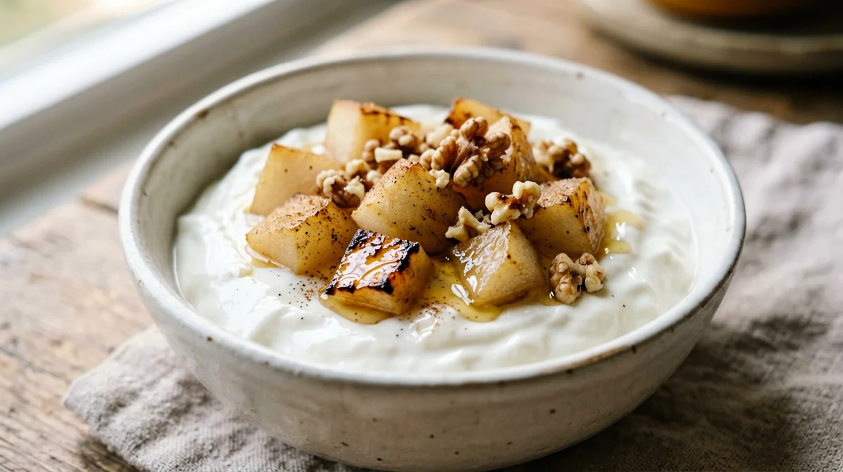 Yogurt greco con pere saltate al miele e noci