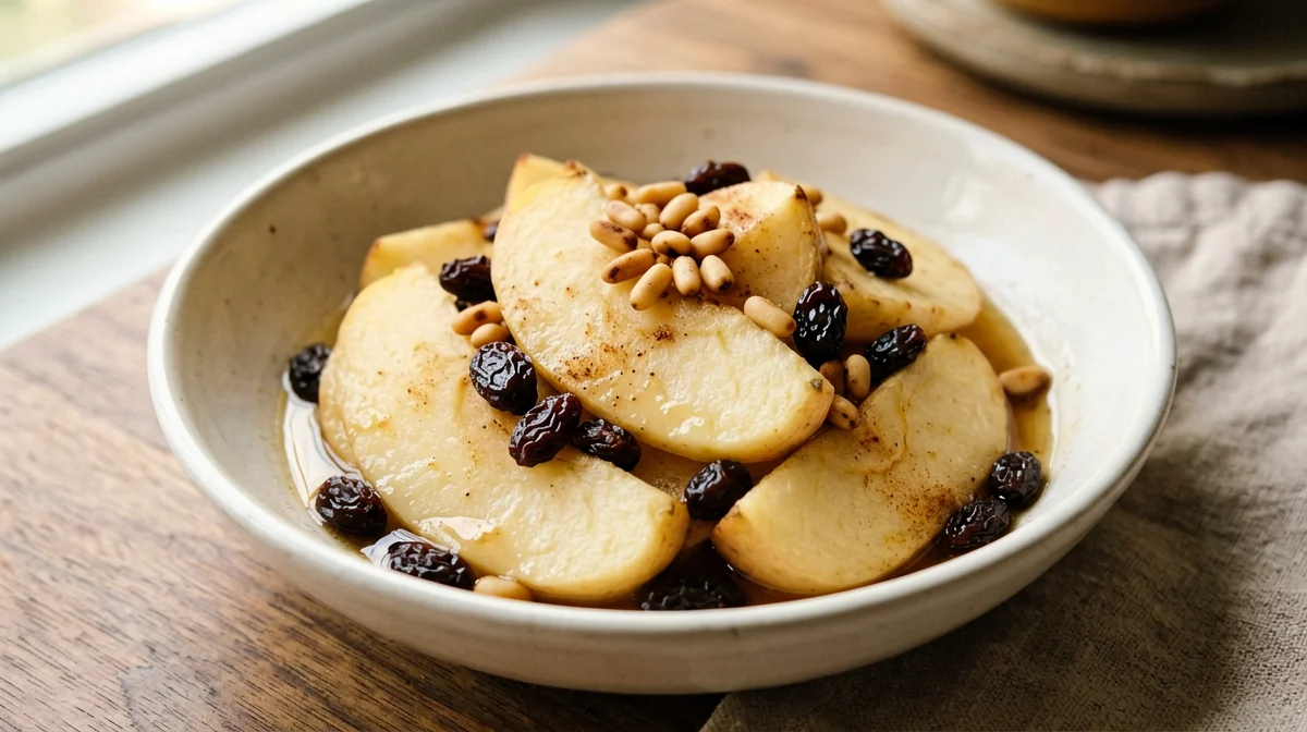 Pan-cooked apple with raisins and pine nuts