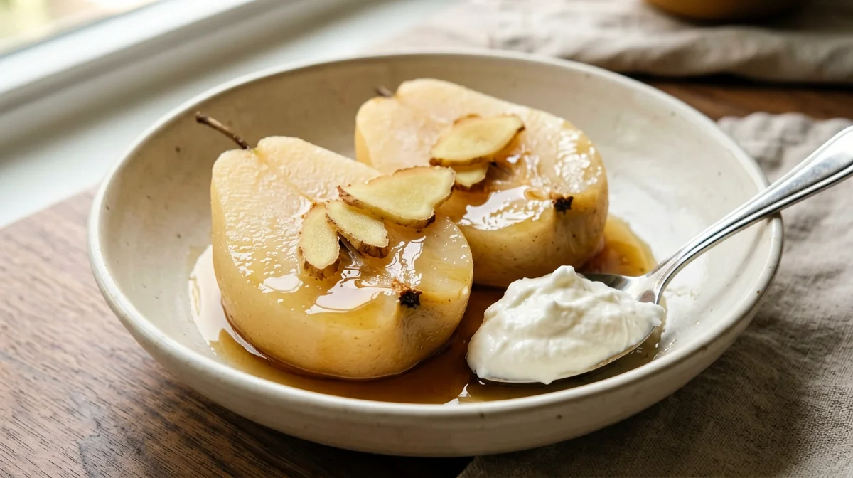 Pear poached in white wine and ginger with Greek yogurt