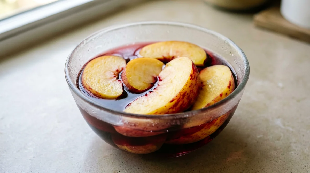 Sliced peaches in red wine