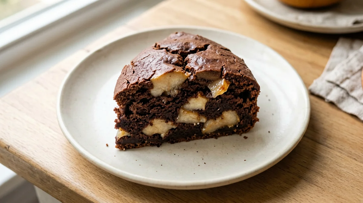 Pear and cocoa olive oil cake slice