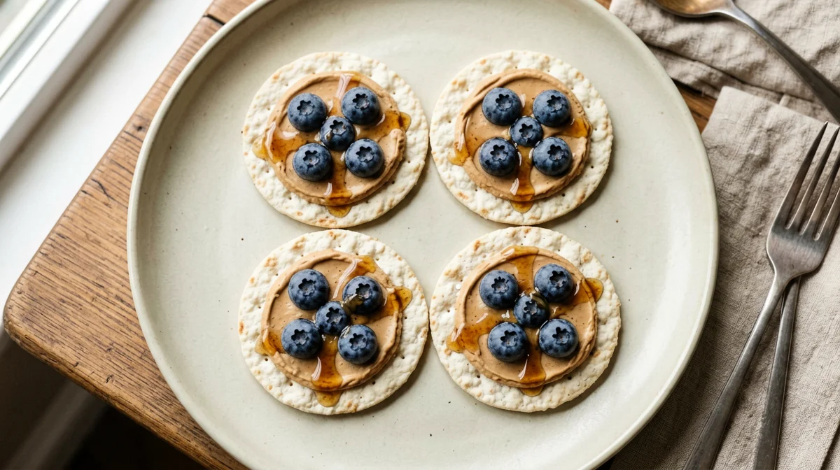 Rice cakes with almond butter and blueberries