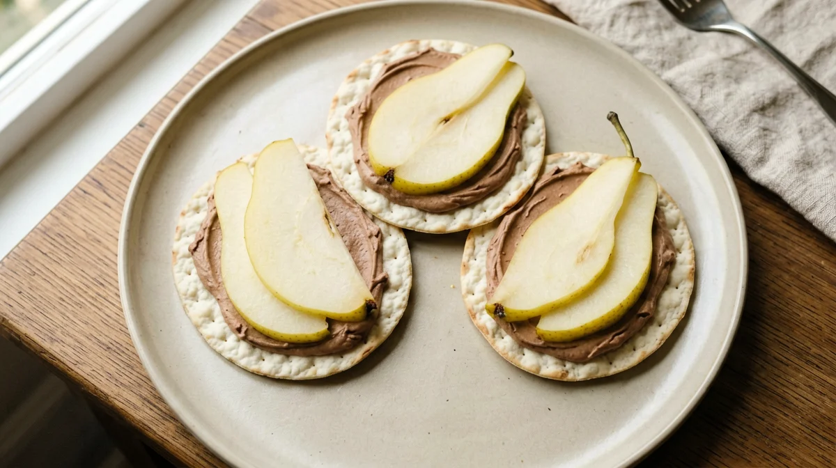 Gallette di riso con ricotta light, cacao e pera
