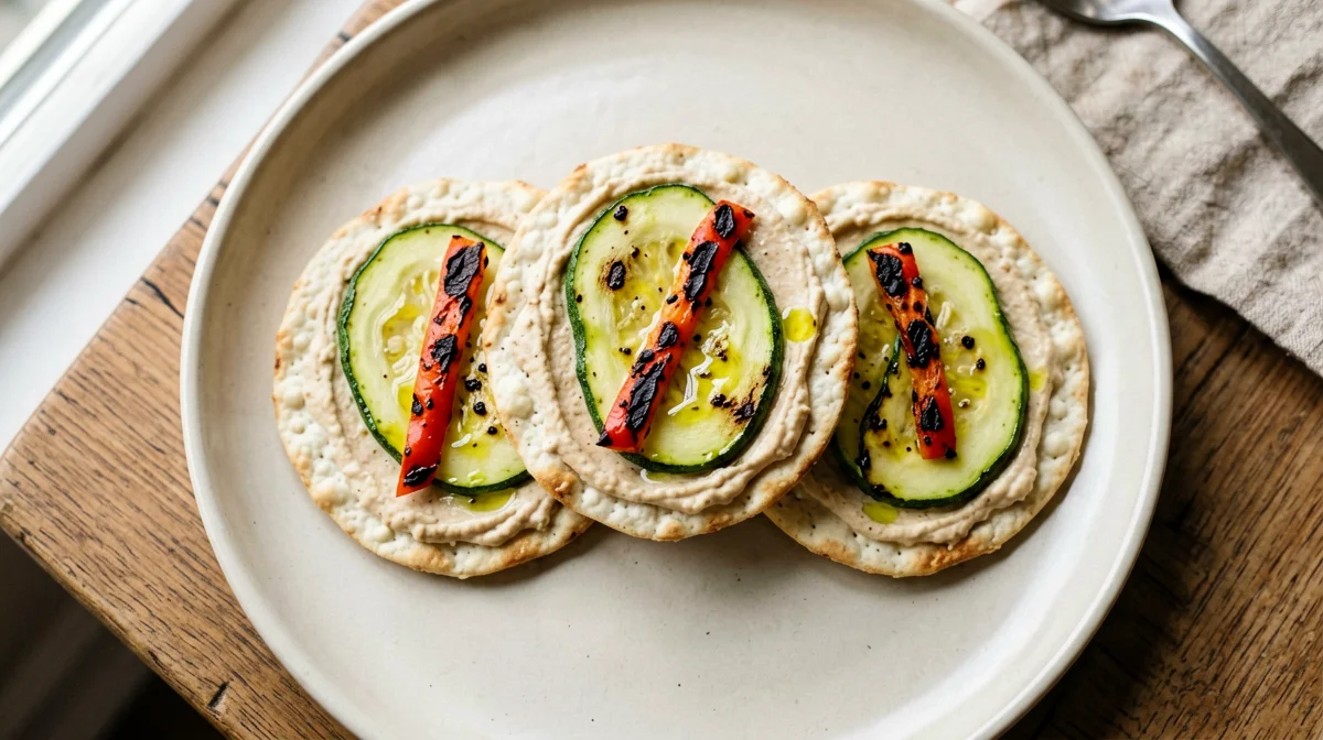 Corn cakes with hummus and grilled vegetables