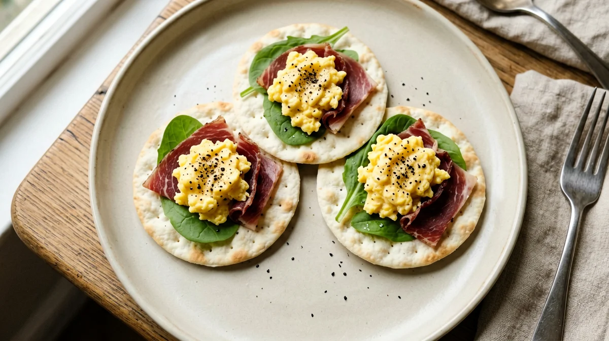 Gallette di mais con uova strapazzate e bresaola