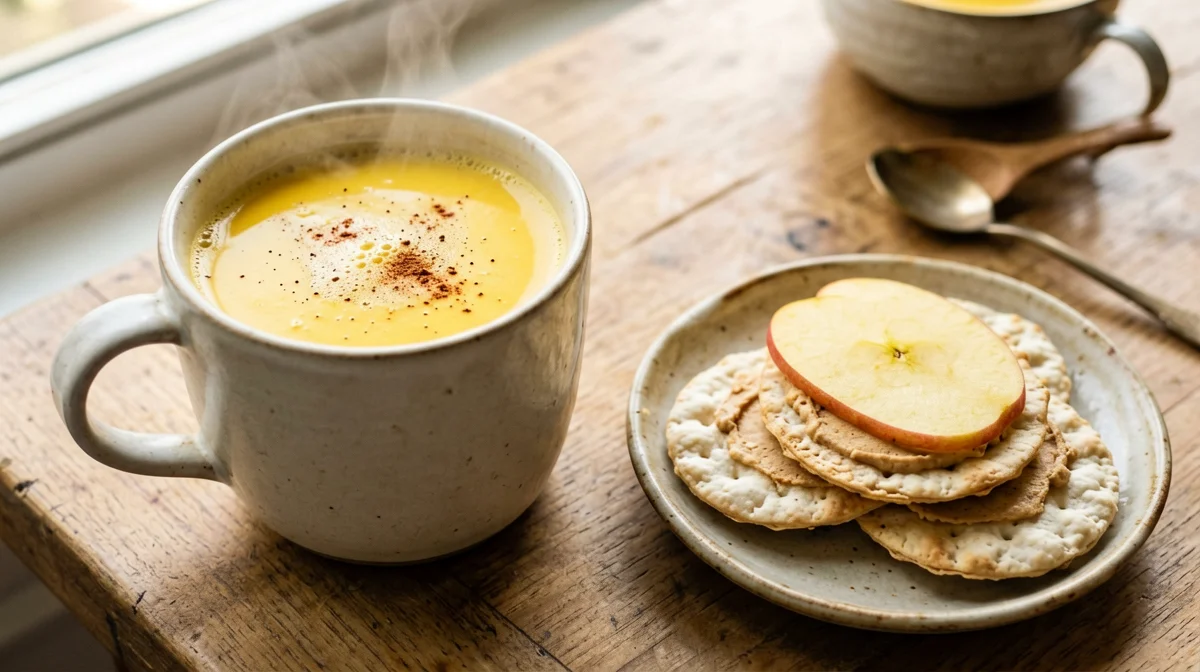 Golden milk di soia con gallette di riso e burro di mandorle