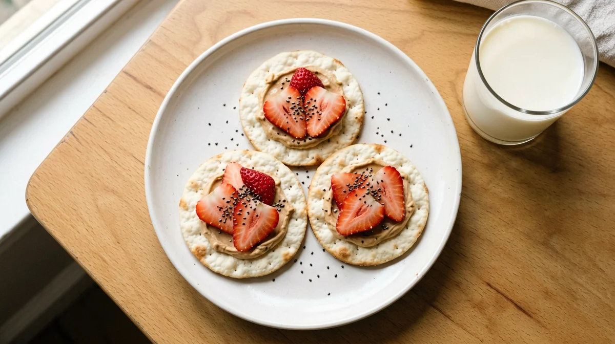 Gallette di riso con burro di mandorle, fragole e semi di chia