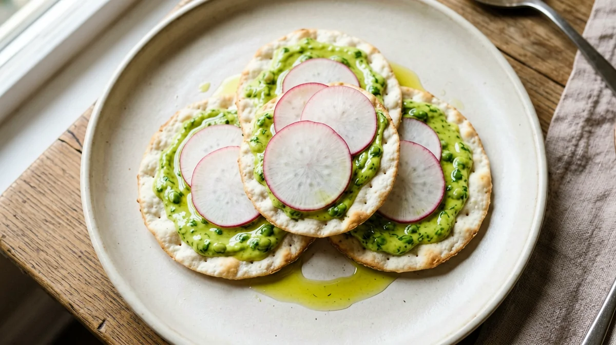 Corn cakes with fresh broad bean and mint purée