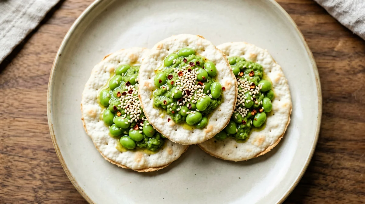 Edamame schiacciati al lime su gallette di riso