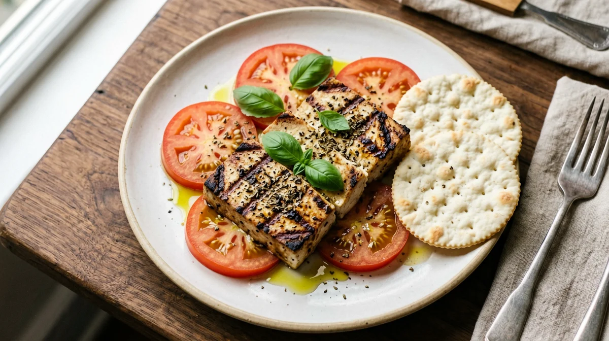 Grilled tofu with tomatoes, basil and rice cakes