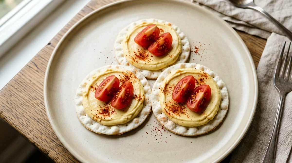 Lupin bean spread on corn cakes with cherry tomatoes