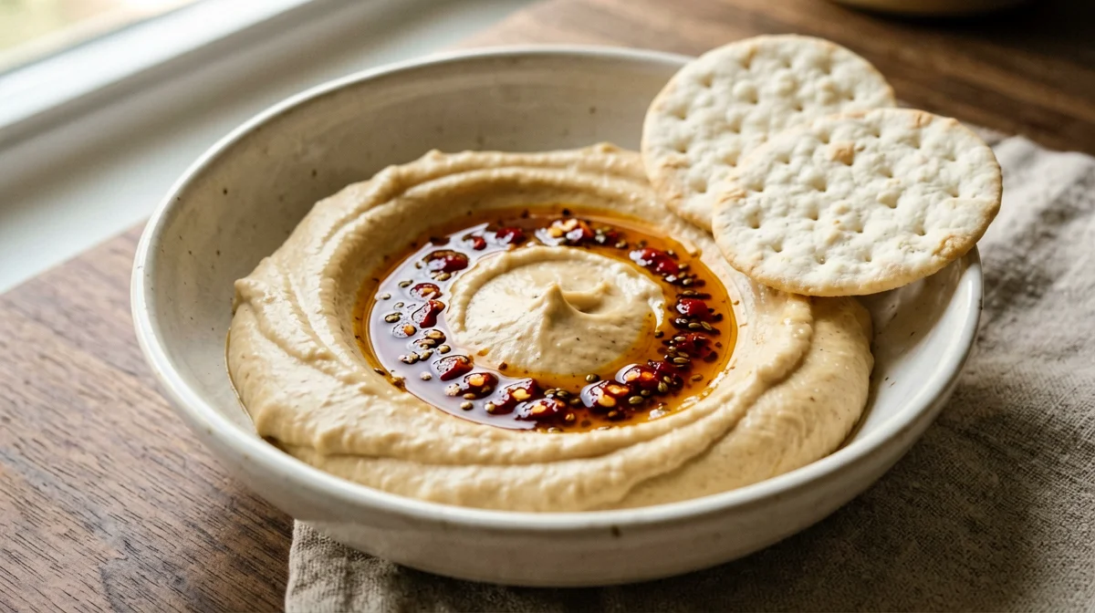 Hummus caldo con olio piccante e gallette di mais