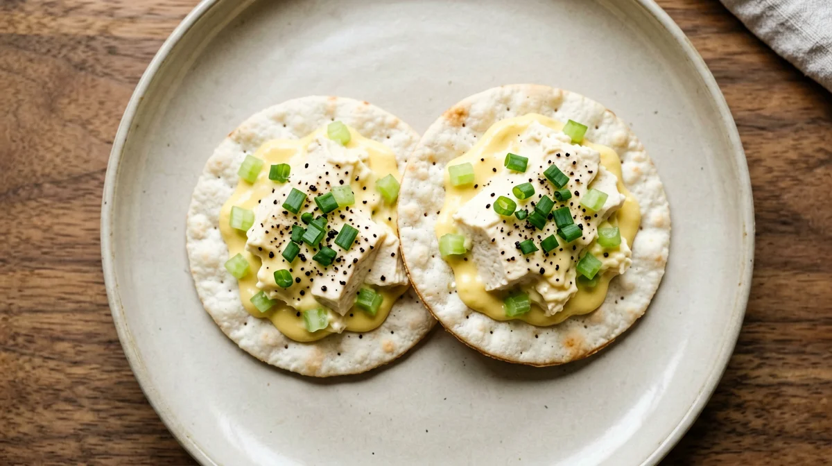 Mustard and chive tofu salad on rice cakes