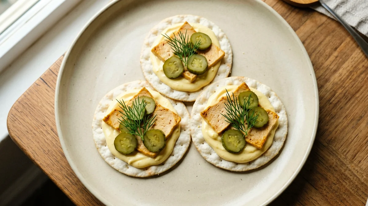 Corn cakes with smoked tofu, gherkins and mustard
