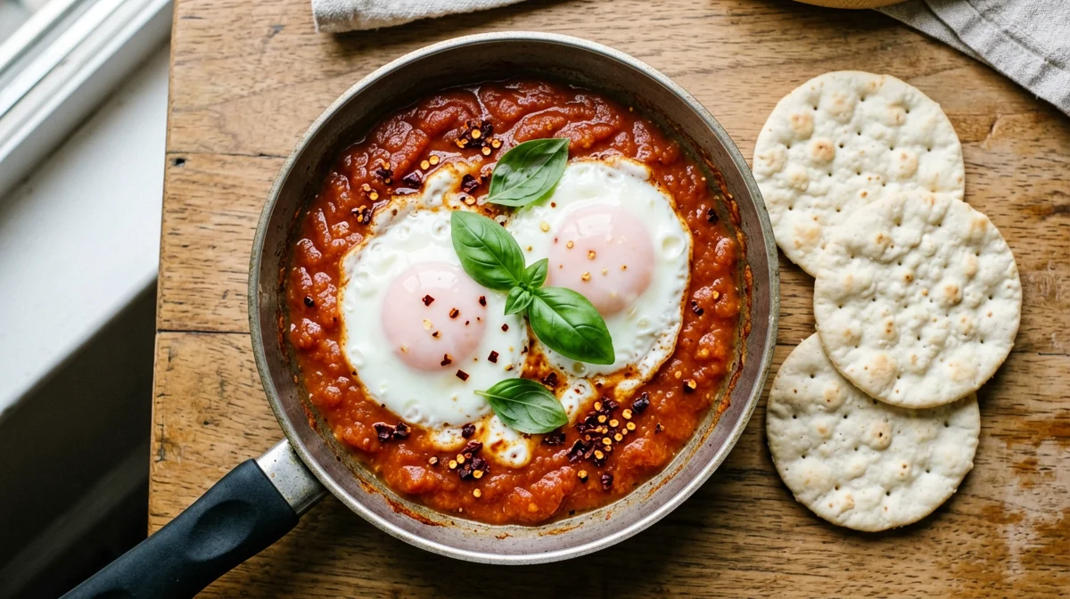 Uova in purgatorio con basilico e gallette di mais