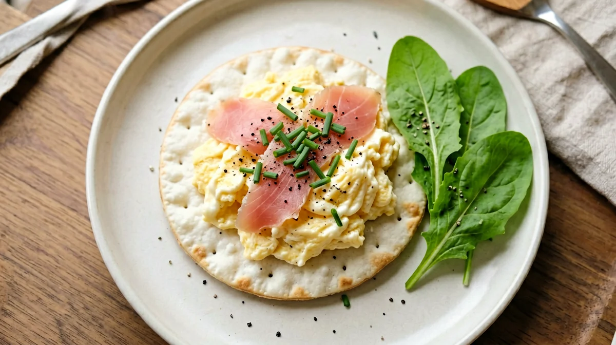Smoked salmon scrambled eggs on rice cakes