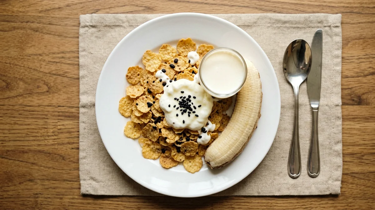Corn flakes and milk with banana