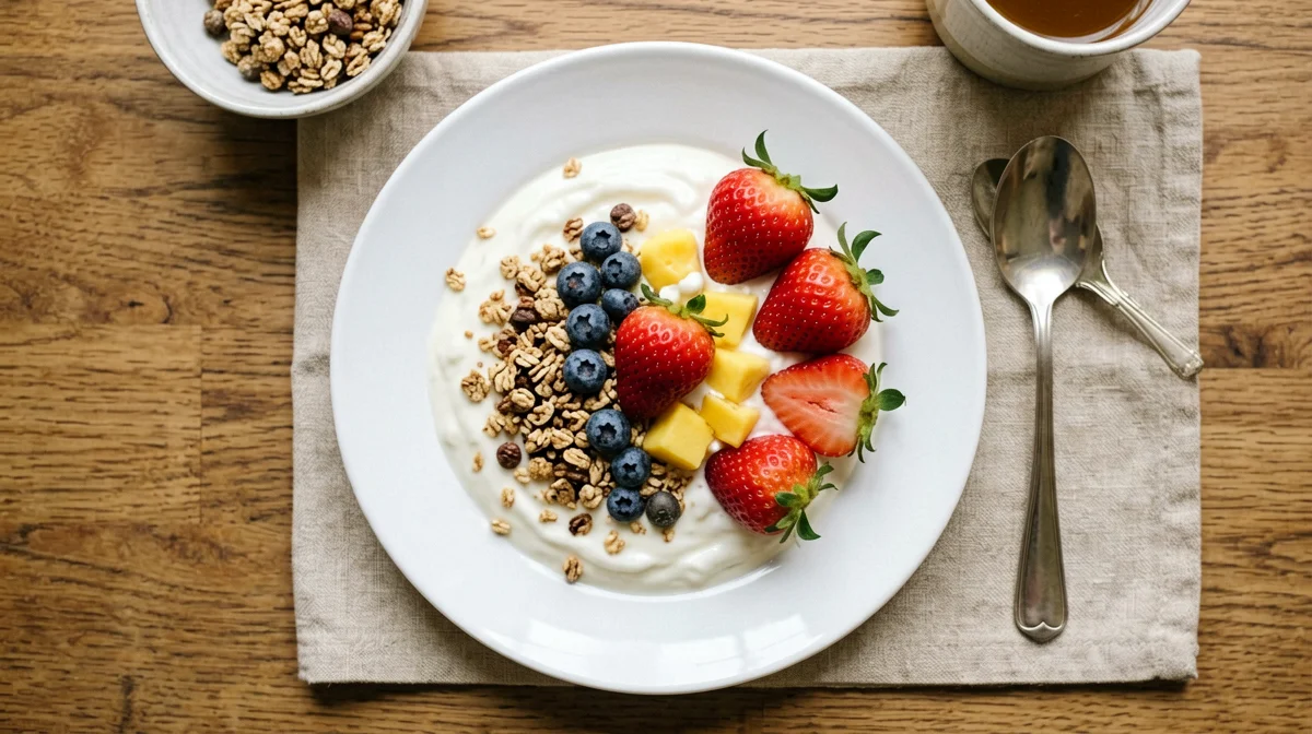 Yogurt alla frutta con muesli e fragole