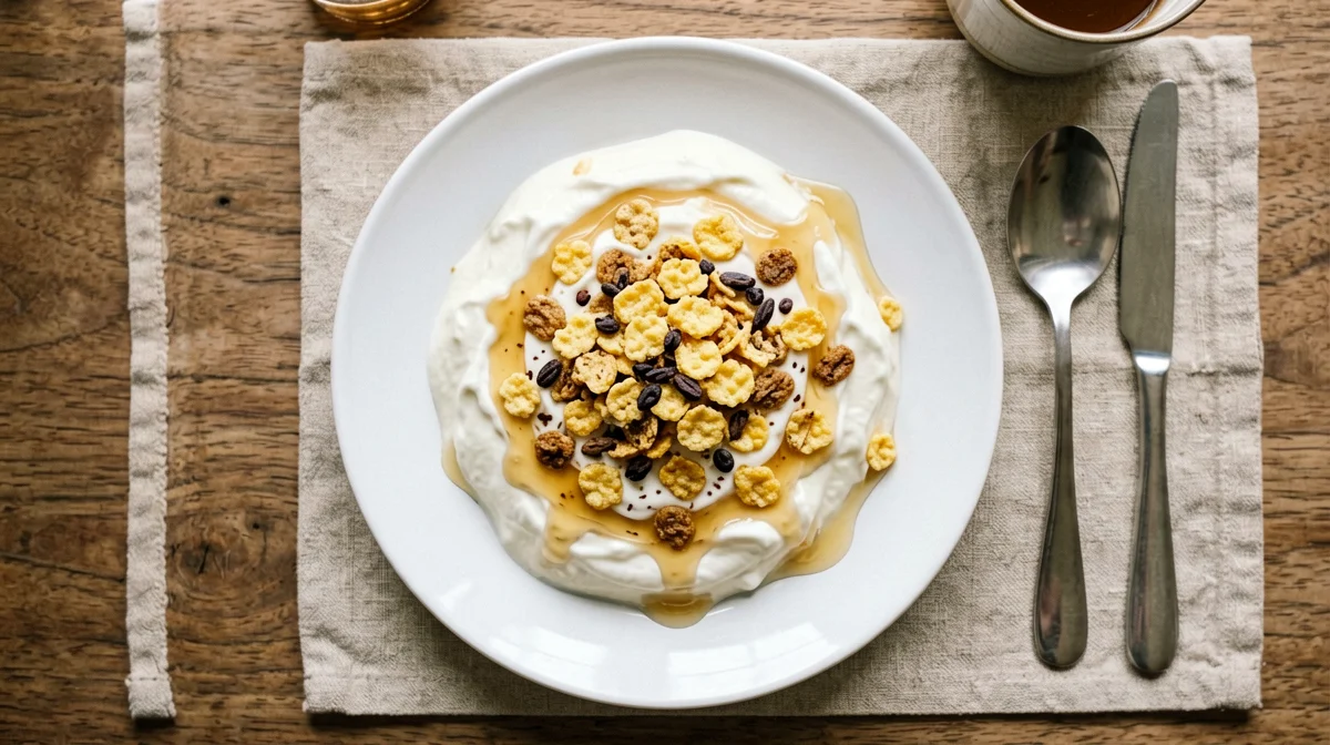 Plain yogurt with corn flakes and honey