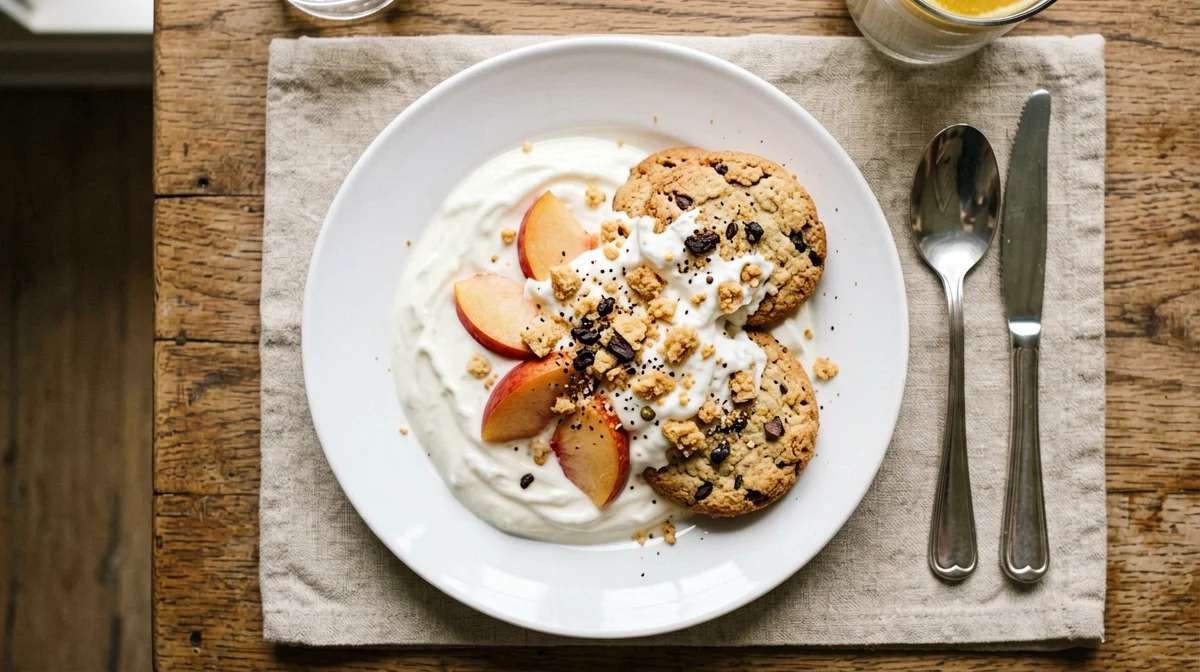 Yogurt con pesca e biscotti secchi sbriciolati