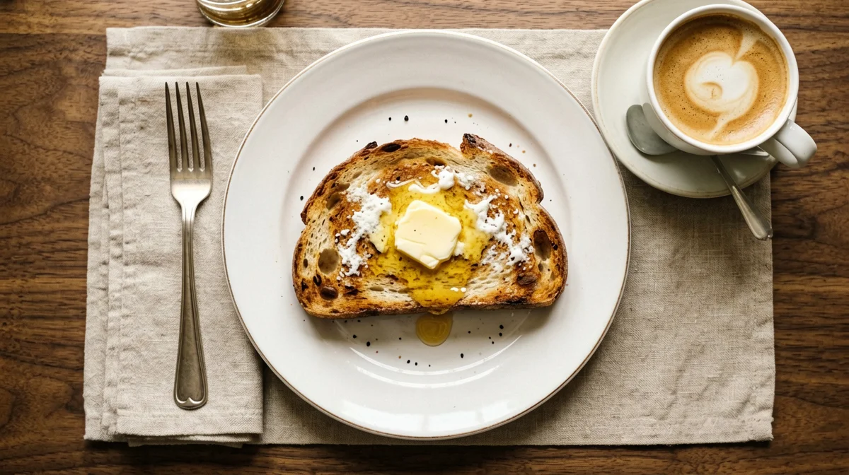 Pane tostato con burro, miele e cappuccino