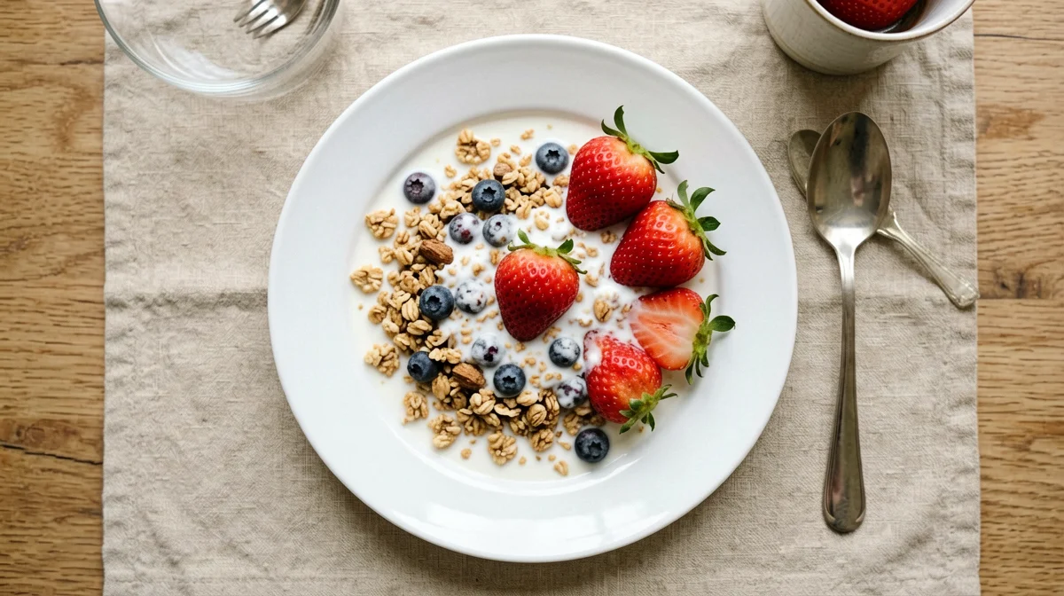 Granola in milk with strawberries