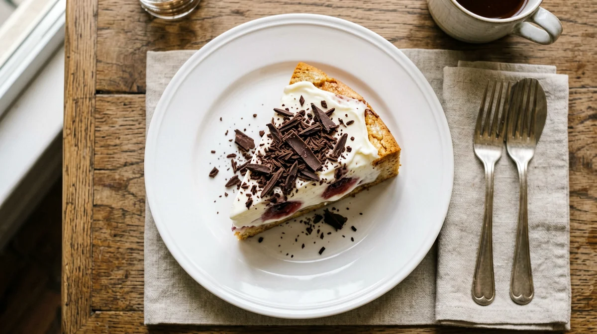 Slice of yogurt plumcake with chocolate shavings