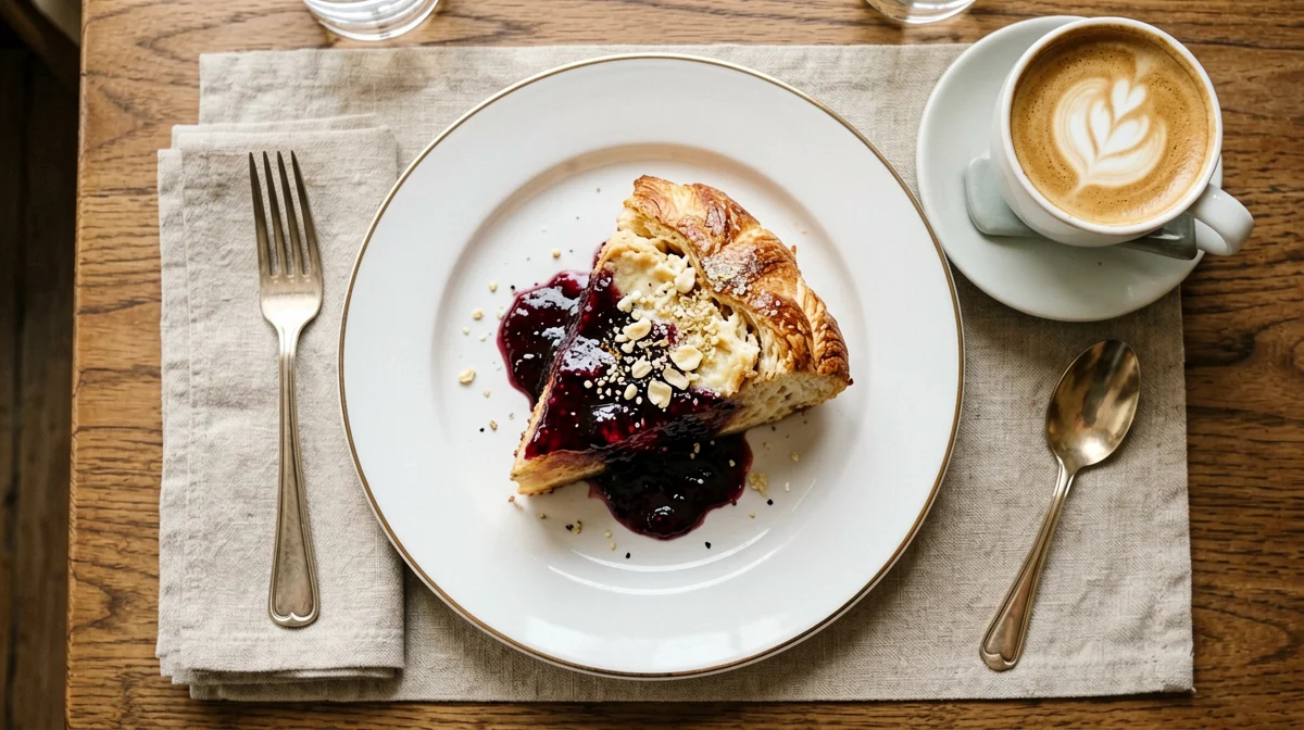 Fetta di crostata di marmellata con cappuccino