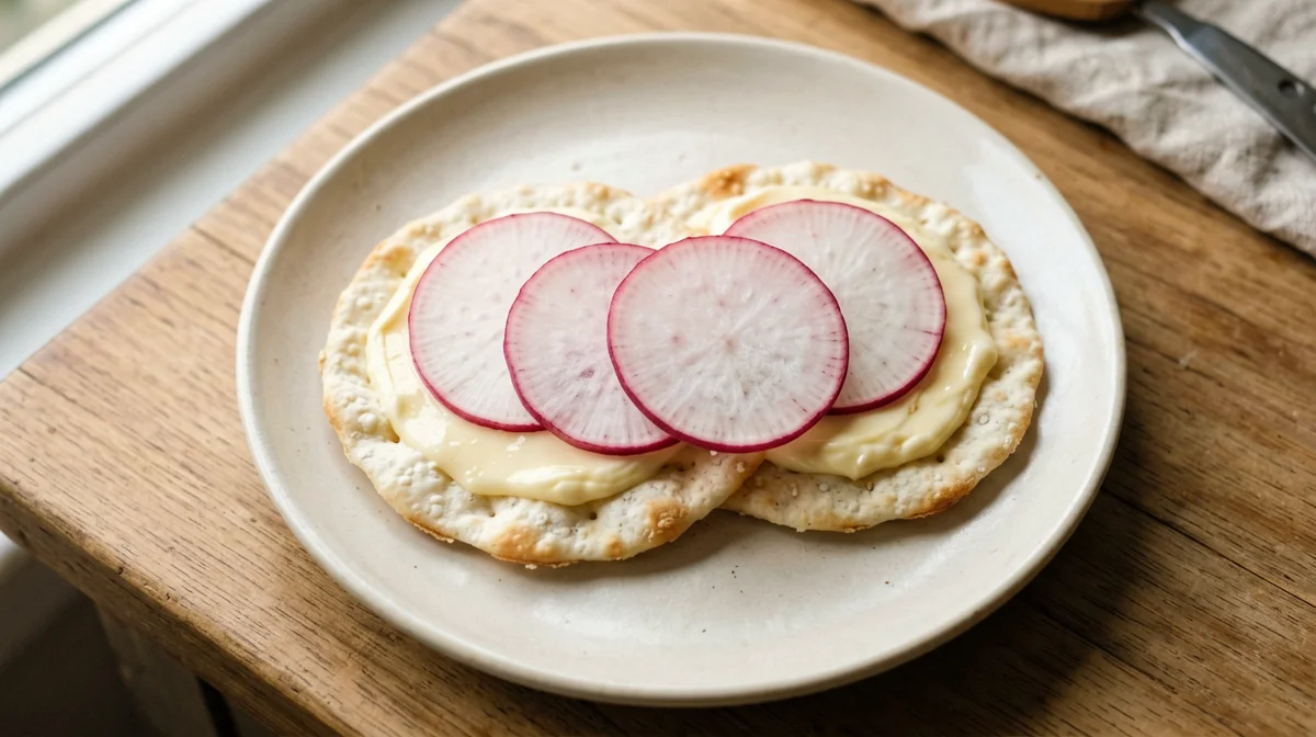 Rice cakes with stracchino and radishes