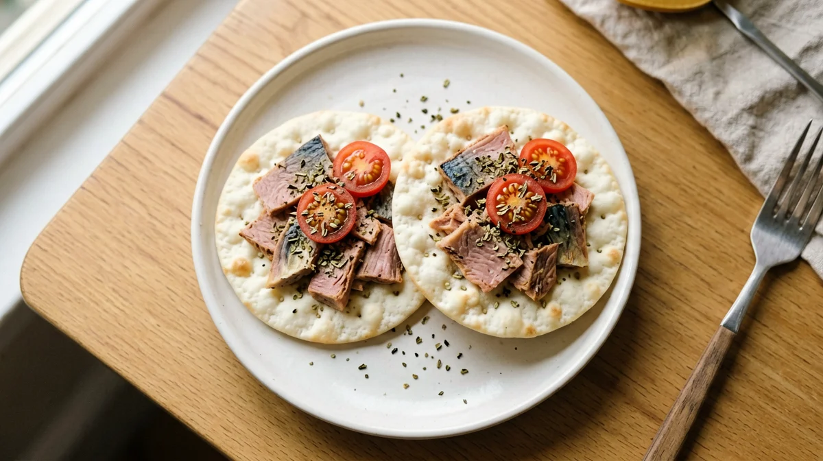 Corn cakes with mackerel, cherry tomatoes and oregano