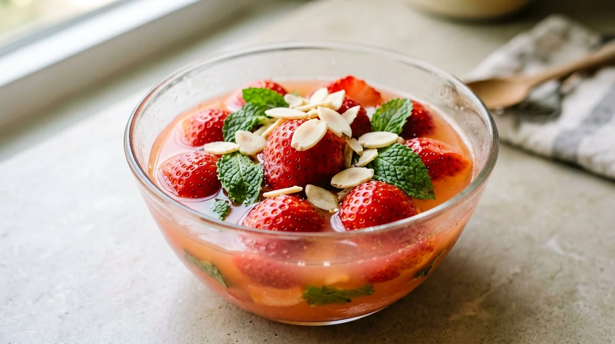 Fragole all'arancia e menta con mandorle