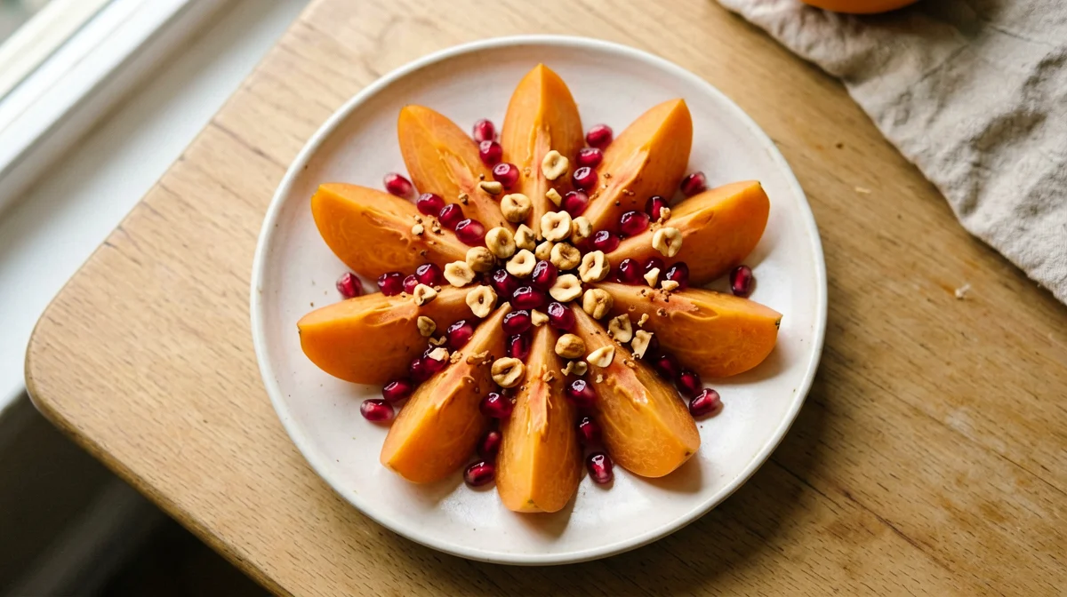 Persimmon and pomegranate with chopped hazelnuts