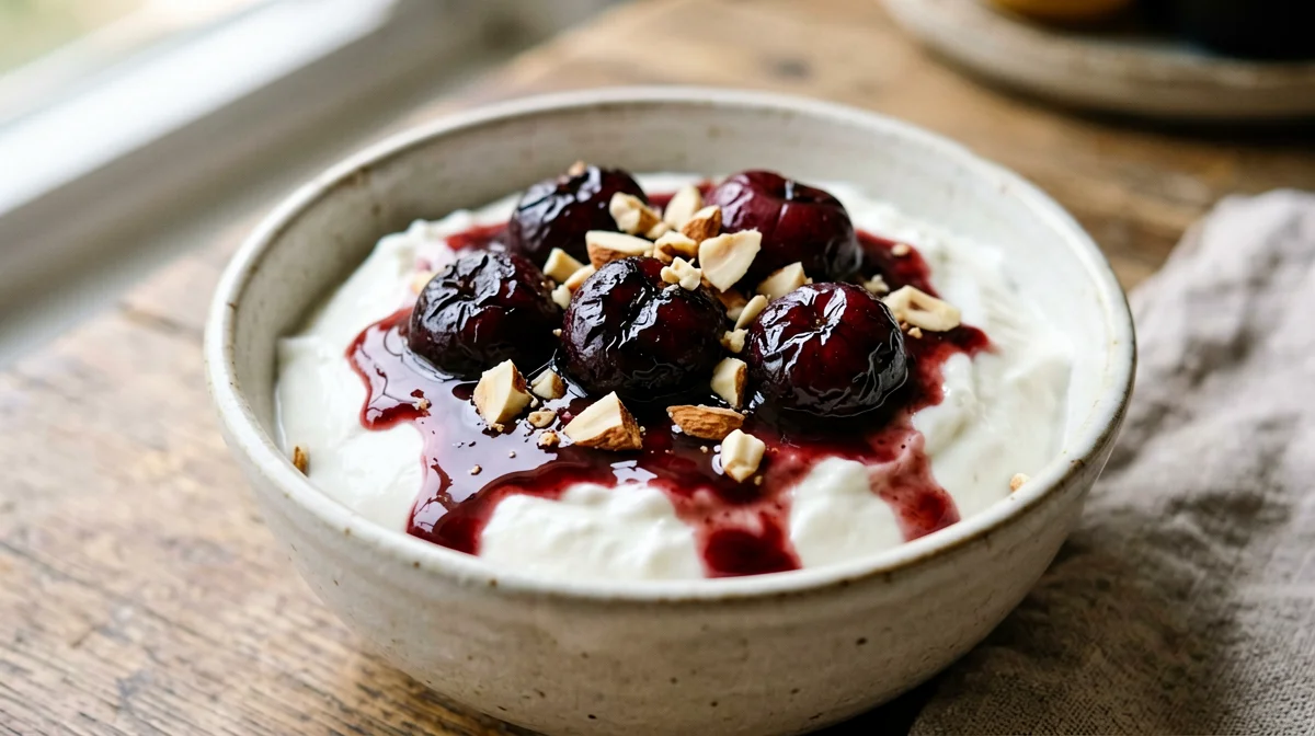 Roasted cherries with Greek yogurt and almonds