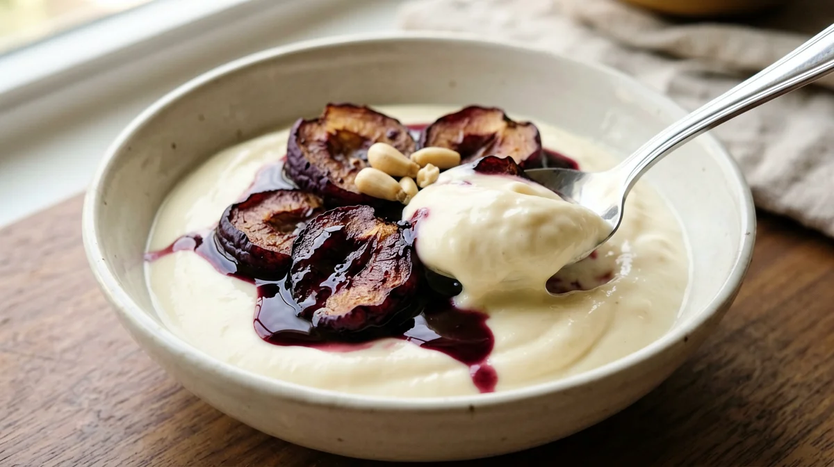Red wine baked plums with soy yogurt