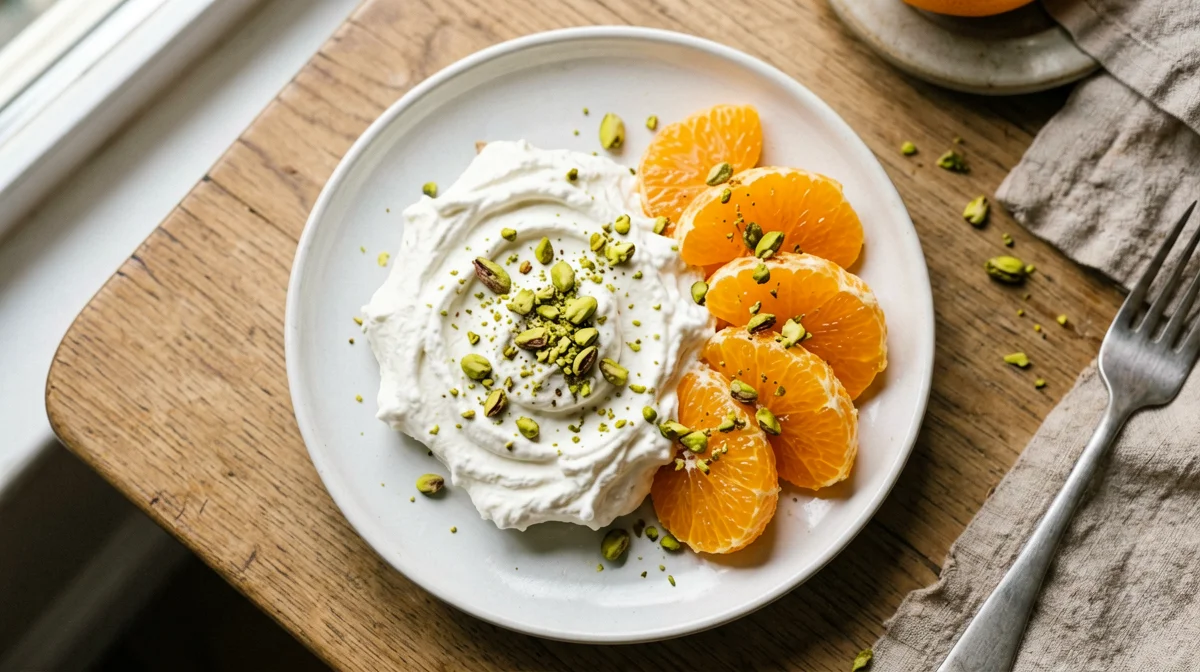 Whipped ricotta with orange segments and pistachios