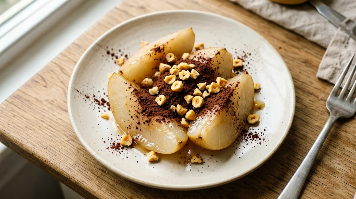 Pan-cooked pear with cocoa and hazelnuts