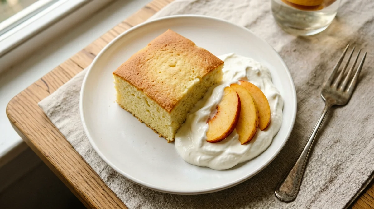 Sponge cake slice with yogurt cream and peaches
