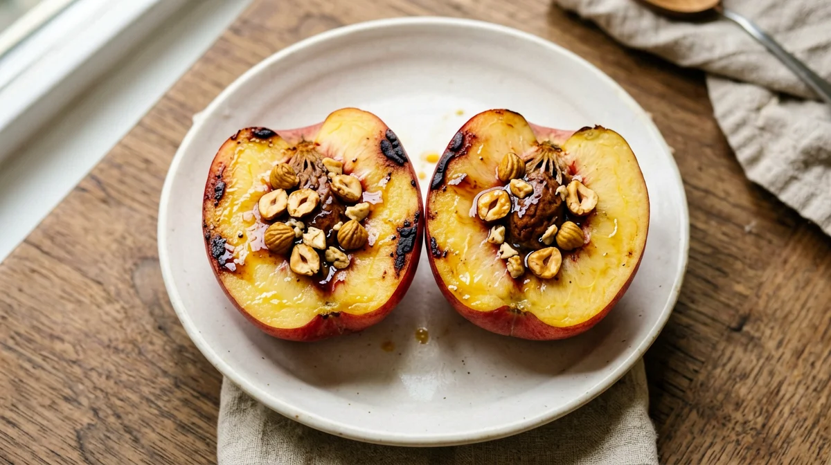 Baked flat peach with hazelnuts