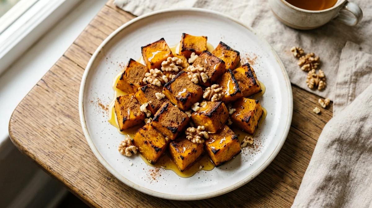 Roasted pumpkin cubes with honey and walnuts