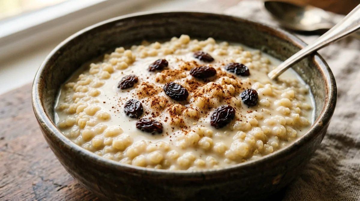 Orzo perlato al latte di mandorla con cannella e uvetta