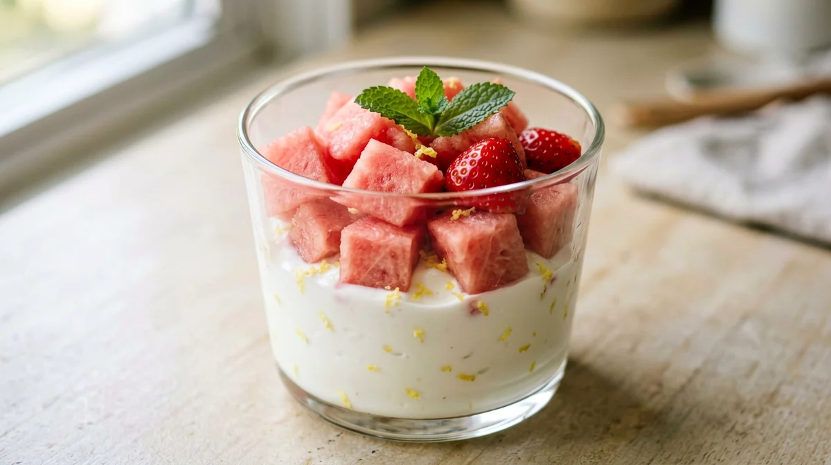 Coppa di anguria e fragole con yogurt greco al limone